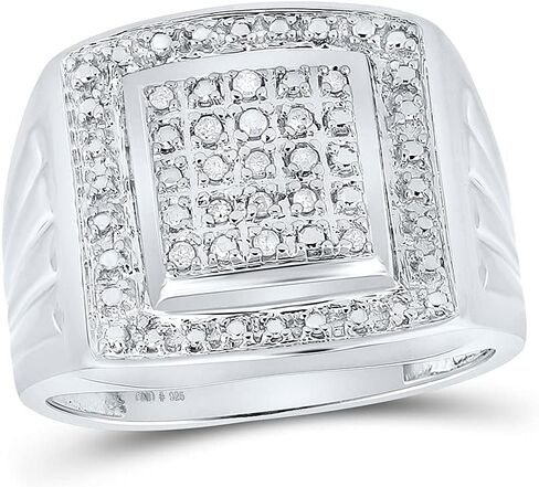 Solid 925 Sterling Silver Real Natural Diamond Mens Square Frame Cluster Anniversary Ring 1/10 Carat (.11 Cttw) in Kuwait