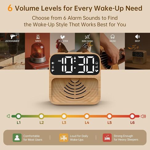 AuroraCalm Extra Loud Alarm Clock for Heavy Sleepers: 115dB Wake Up Alarm with Flashing Light to Help Prevent Oversleeping - Dual Alarm for Teens Adults Shift Workers Bedroom - Wood Grain in Kuwait