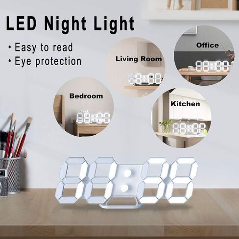 ساعة حائط رقمية LED ثلاثية الأبعاد/ساعة منبه للمكتب مع جهاز تحكم عن بعد لمكتب غرفة نوم المطبخ، ساعة ديكور بإضاءة ليلية LED مقاس 9.7 بوصة ضبط السطوع 12 ساعة/24 ساعة ودرجة حرارة التاريخ، هدية رائعة in Kuwait