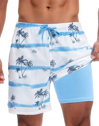 Men 7" Swim Trunks with Compression Liner, Quick Dry No See-Through Board Shorts for Swimming in Saudi Arabia