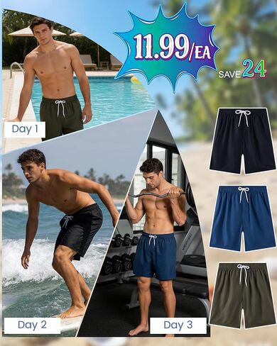 ROSEGIN 3 Pack Mens Swim Trunks 9 Inch with Mesh Liner Quick Dry Bathing Suits Beach Vacation Swimsuit Board Shorts in Saudi Arabia