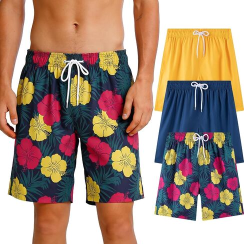 ROSEGIN 3 Pack Mens Swim Trunks 9 Inch with Mesh Liner Quick Dry Bathing Suits Beach Vacation Swimsuit Board Shorts in Saudi Arabia