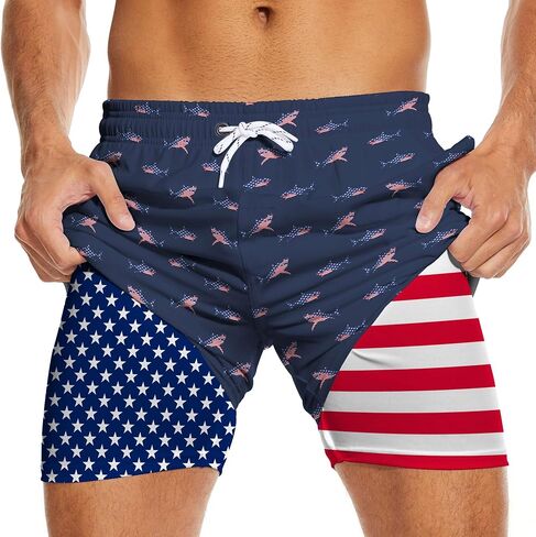 Men's 5" Inseam American Flag Swim Trunks 2 in 1 Board Shorts with Compression Liner 4 Pockets Quick Dry Bathing Suit in Saudi Arabia