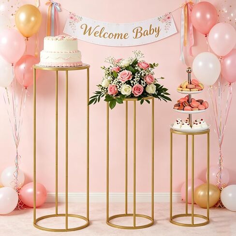 Urban Deco 3Pcs Cylinder Stands for Party, Round Pedestal Stand for Parties with Removable Acrylic Tops, Gold Metal Cake Stands, Cilindros para Fiestas for Birthday Party Wedding Baby Shower Decor in Saudi Arabia