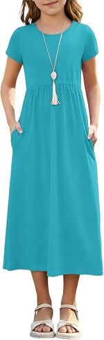 Girl's Summer Short Sleeve Loose Dress Casual Crewneck Empire Waist Long Maxi Dresses for Kids with Pockets 5-14 Years in Kuwait