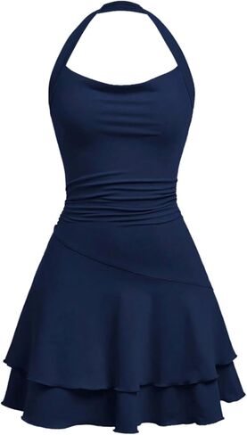 SHENHE Girl's Ruched Ruffle Halter Dress Sleeveless Layered Ruffle A Line Mini Skater Dress in Kuwait
