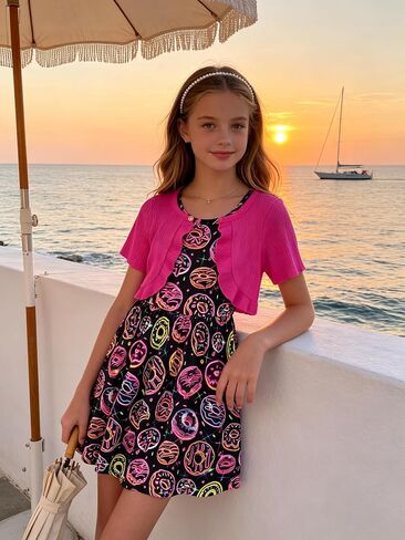 Girls Dresses with Cardigan for 5-12 Years Kids 2 Piece Summer Outfits in Saudi Arabia