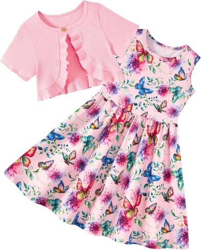 Girls Dresses with Cardigan for 5-12 Years Kids 2 Piece Summer Outfits in Saudi Arabia