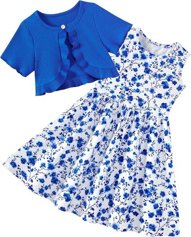 Girls Dresses with Cardigan for 5-12 Years Kids 2 Piece Summer Outfits in Saudi Arabia