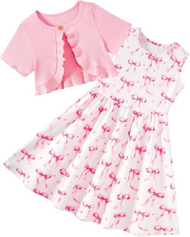 Girls Dresses with Cardigan for 5-12 Years Kids 2 Piece Summer Outfits in Saudi Arabia