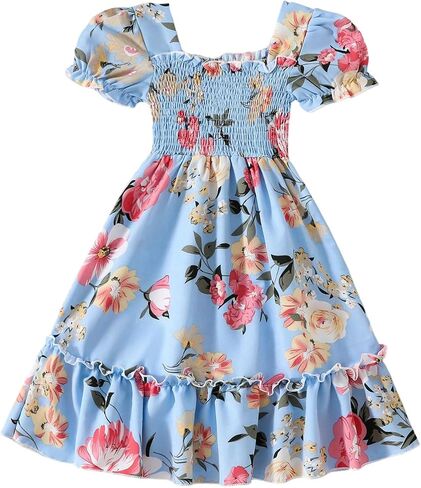 SOLY HUX Toddler Girl's Floral Dress Square Neck Short Sleeve Shirred Ruffle A Line Flowy Summer Vacation Midi Dresses in Kuwait