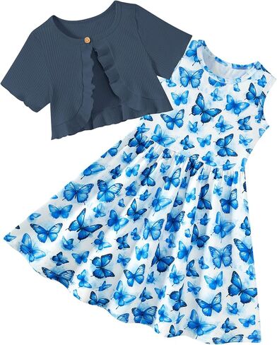 Girls Dresses with Cardigan for 5-12 Years Kids 2 Piece Summer Outfits in Saudi Arabia