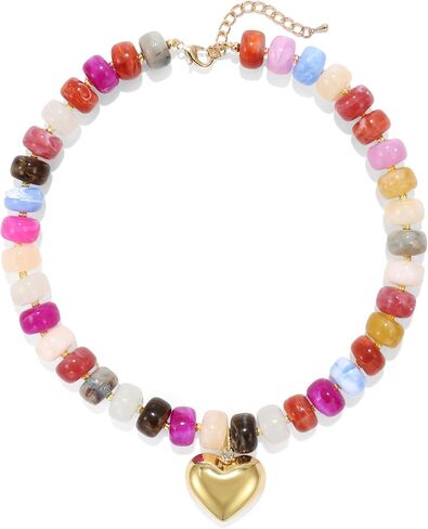 Elegance 11 designs Chunky Heart Necklace for Women, Colorful Acrylic Beaded Statement Puff Heart Necklace, Cute Boho Y2K Choker Necklace for Gift Jewelry in Saudi Arabia
