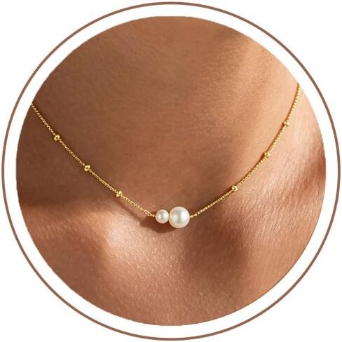 M MOOHAM Gold Necklace for Women Non Tarnish - Dainty 14K Gold Plated Beaded Chain Small Pendant Necklaces Simple Pearl Circle Beads Teardrop Pendant Necklace for Women Trendy Jewelry Gifts in Kuwait