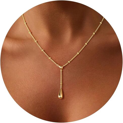 M MOOHAM Gold Necklace for Women Non Tarnish - Dainty 14K Gold Plated Beaded Chain Small Pendant Necklaces Simple Pearl Circle Beads Teardrop Pendant Necklace for Women Trendy Jewelry Gifts in Kuwait