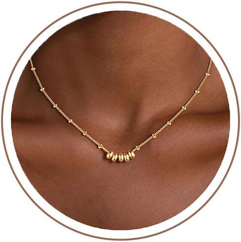 M MOOHAM Gold Necklace for Women Non Tarnish - Dainty 14K Gold Plated Beaded Chain Small Pendant Necklaces Simple Pearl Circle Beads Teardrop Pendant Necklace for Women Trendy Jewelry Gifts in Kuwait