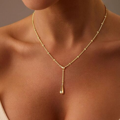 M MOOHAM Gold Necklace for Women Non Tarnish - Dainty 14K Gold Plated Beaded Chain Small Pendant Necklaces Simple Pearl Circle Beads Teardrop Pendant Necklace for Women Trendy Jewelry Gifts in Kuwait