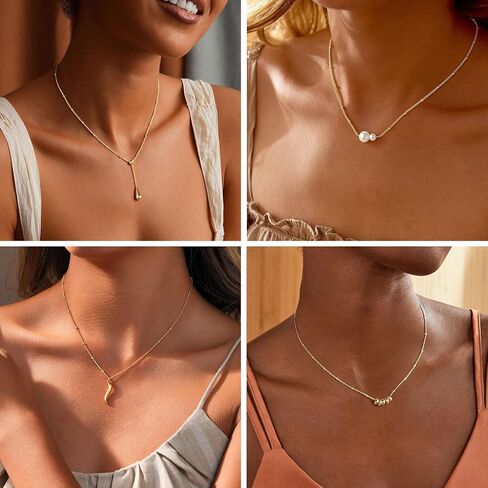 M MOOHAM Gold Necklace for Women Non Tarnish - Dainty 14K Gold Plated Beaded Chain Small Pendant Necklaces Simple Pearl Circle Beads Teardrop Pendant Necklace for Women Trendy Jewelry Gifts in Kuwait