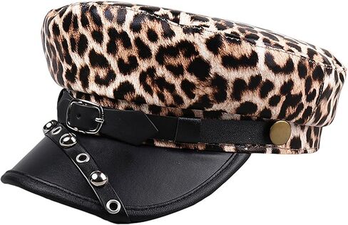Women's Newsboy Cap Leopard Print PU Leather Fashion Rivets Beret Cap Studded Punk Sailor Hat Flat Top Hat in Kuwait