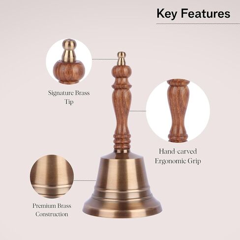 Premium Handheld Service Bell - Large Solid Brass Call Bell with Wooden Handle, Loud Ringing, 8"x 4" Perfect for Church, Restaurant, Hotel, Christmas, Birthday, Reception Desk, and Office Use in Kuwait