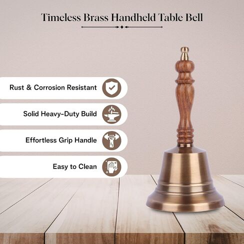 Premium Handheld Service Bell - Large Solid Brass Call Bell with Wooden Handle, Loud Ringing, 8"x 4" Perfect for Church, Restaurant, Hotel, Christmas, Birthday, Reception Desk, and Office Use in Kuwait