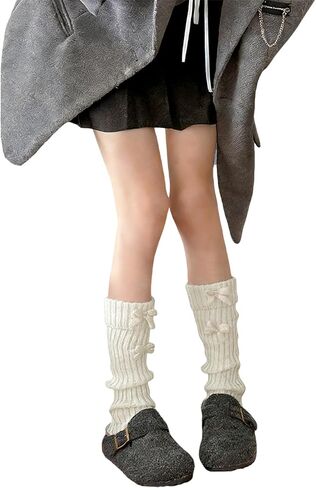 Women’s Ribbed Knit Leg Warmers, Winter Warm Ankle Warmers with Bow, Harajuku Leg Warmer Boot Socks for Yoga Party Sports (White) in Saudi Arabia