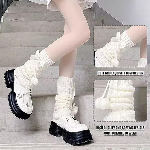 Women Knit Leg Warmers, Y2K Bow Leg Sleeve Socks, Winter Harajuku Knitted Boot Socks for Girls Women Gothic Socks (White) in Saudi Arabia