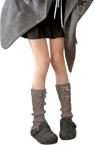 Women’s Ribbed Knit Leg Warmers, Winter Warm Ankle Warmers with Bow, Harajuku Leg Warmer Boot Socks for Yoga Party Sports (Khaki) in Saudi Arabia