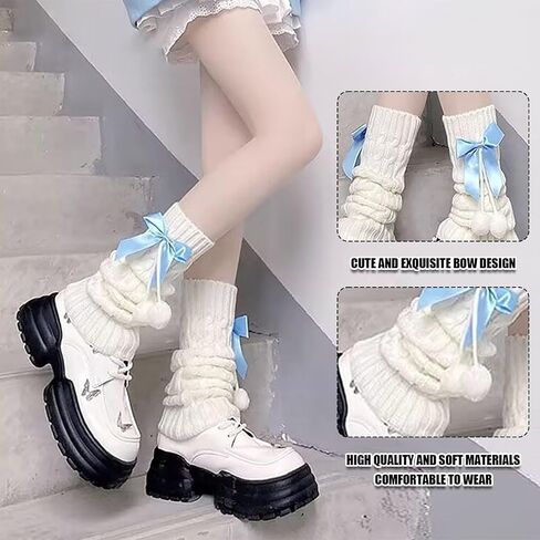 Women Knit Leg Warmers, Y2K Bow Leg Sleeve Socks, Winter Harajuku Knitted Boot Socks for Girls Women Gothic Socks (Blue) in Saudi Arabia