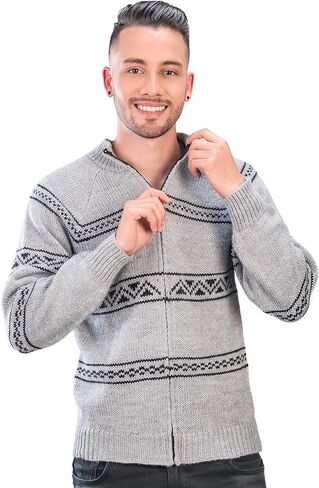 Men's Knitted Regular Fit Full Zip Cardigan Sweater in Peruvian Alpaca Wool - Mock Turtleneck Cardigan in Kuwait
