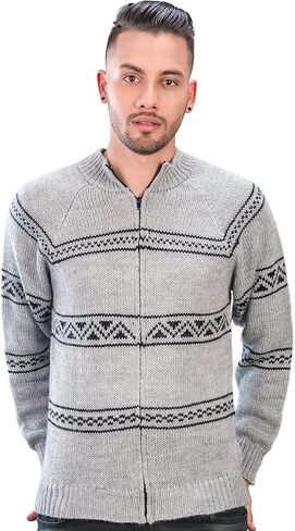 Men's Knitted Regular Fit Full Zip Cardigan Sweater in Peruvian Alpaca Wool - Mock Turtleneck Cardigan in Kuwait