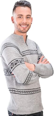 Men's Knitted Regular Fit Full Zip Cardigan Sweater in Peruvian Alpaca Wool - Mock Turtleneck Cardigan in Kuwait