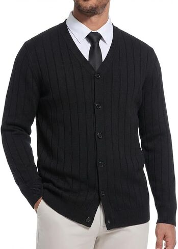 Mens V Neck Button Front Cardigan Sweater Ribbed Knit Long Sleeve Lightweight Layering for Office in Kuwait