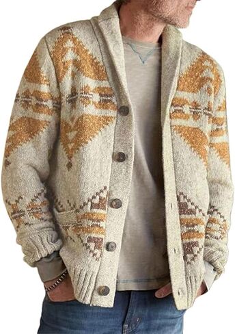 Men's Fashion Thick Tribal Ethnic Print Sweater Button Down Long Sleeve Oversized Jacquard Knitted Cardigan in Kuwait