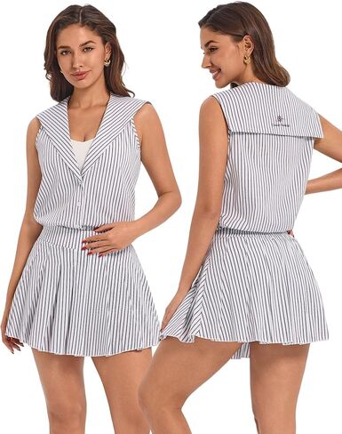 AGYMNX 2 Piece Tennis Dress for Women High Waisted Pleated Golf Skort Outfit Nautical Striped Athletic Pickleball Top Sets in Kuwait