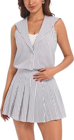 AGYMNX 2 Piece Tennis Dress for Women High Waisted Pleated Golf Skort Outfit Nautical Striped Athletic Pickleball Top Sets in Kuwait