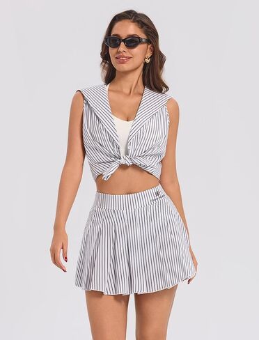 AGYMNX 2 Piece Tennis Dress for Women High Waisted Pleated Golf Skort Outfit Nautical Striped Athletic Pickleball Top Sets in Kuwait