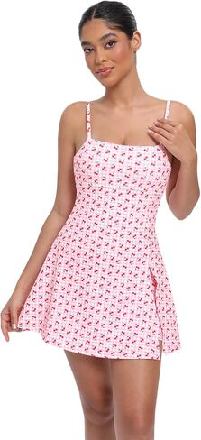 UONNOU Women Tennis Dress Built-in Shorts and Bra Workout Spaghetti Strap Side Slit Golf Athletic Dresses Cherry S in Saudi Arabia