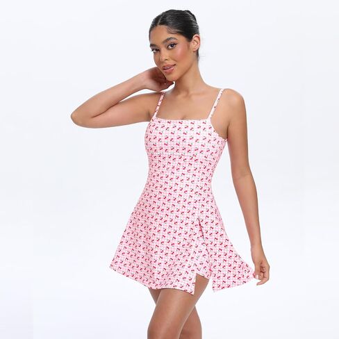 UONNOU Women Tennis Dress Built-in Shorts and Bra Workout Spaghetti Strap Side Slit Golf Athletic Dresses Cherry S in Saudi Arabia