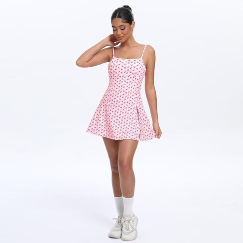 UONNOU Women Tennis Dress Built-in Shorts and Bra Workout Spaghetti Strap Side Slit Golf Athletic Dresses Cherry S in Saudi Arabia