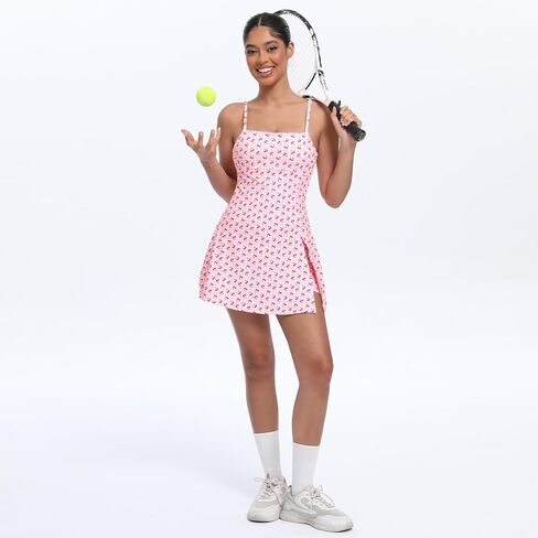 UONNOU Women Tennis Dress Built-in Shorts and Bra Workout Spaghetti Strap Side Slit Golf Athletic Dresses Cherry S in Saudi Arabia