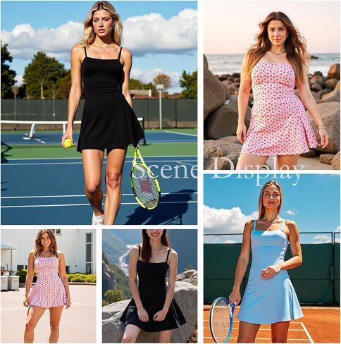 UONNOU Women Tennis Dress Built-in Shorts and Bra Workout Spaghetti Strap Side Slit Golf Athletic Dresses Cherry S in Saudi Arabia