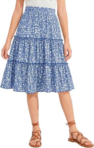 NEW 6-14 Years Girls Skirt Floral Print Tiered Ruffle Smocked High Waist Boho Midi Skirts Summer Beach Vacation in Kuwait