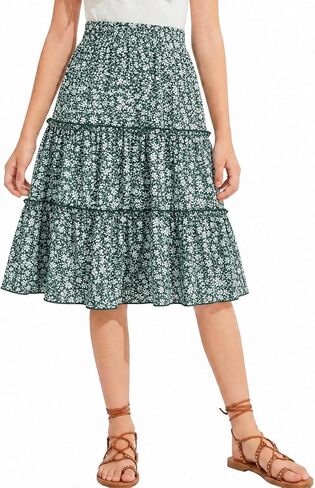 NEW 6-14 Years Girls Skirt Floral Print Tiered Ruffle Smocked High Waist Boho Midi Skirts Summer Beach Vacation in Saudi Arabia