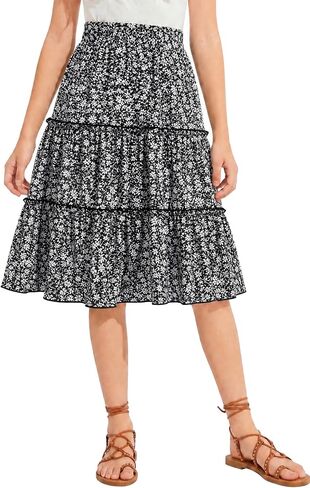NEW 6-14 Years Girls Skirt Floral Print Tiered Ruffle Smocked High Waist Boho Midi Skirts Summer Beach Vacation in Saudi Arabia