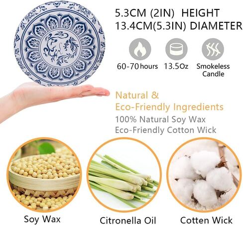 Citronella Candles Outdoor, Large 3-Wick 13.5oz Soy Wax Candle in Blue and White Container for Summer Patio Porch, 3 Packs in Kuwait