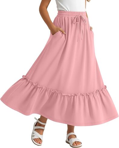 Girls Boho Maxi Skirts 5-16Y Teen Long Ankle Length Pockets Kids Tiered Ruffle Hem Flowy Pleated Flare Summer Skirt in Kuwait