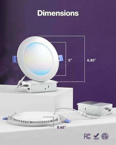 Sunco 4 Pack 6 Inch Smart Ultra Thin LED Recessed Ceiling Lights with Night Light, Tunable CCT 2700K to 6000K, Dimmable, 15W, Smooth Trim, Canless with Junction Box in Saudi Arabia