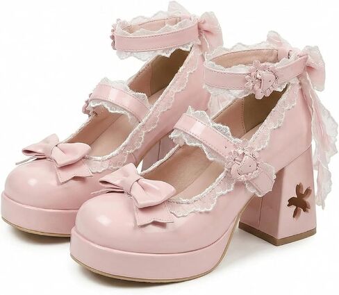 Women’s Lolita Platform Heels – Cherry Blossom Design, Lace Trim & Bow Detail, Sweet Gothic-Style High Heels for Cosplay, Anime Events & Dress-Up Outfits in Saudi Arabia