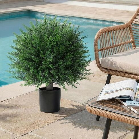 DREAMLOOM Topiary Trees Artificial Outdoor Ball in Planter, 20in Outdoor Indoor Realistic Fake Plants Shrubs for Front Porch Decor, Faux Bushes Plants for Home Front Door Offices, Cedar 1-Pack in Saudi Arabia